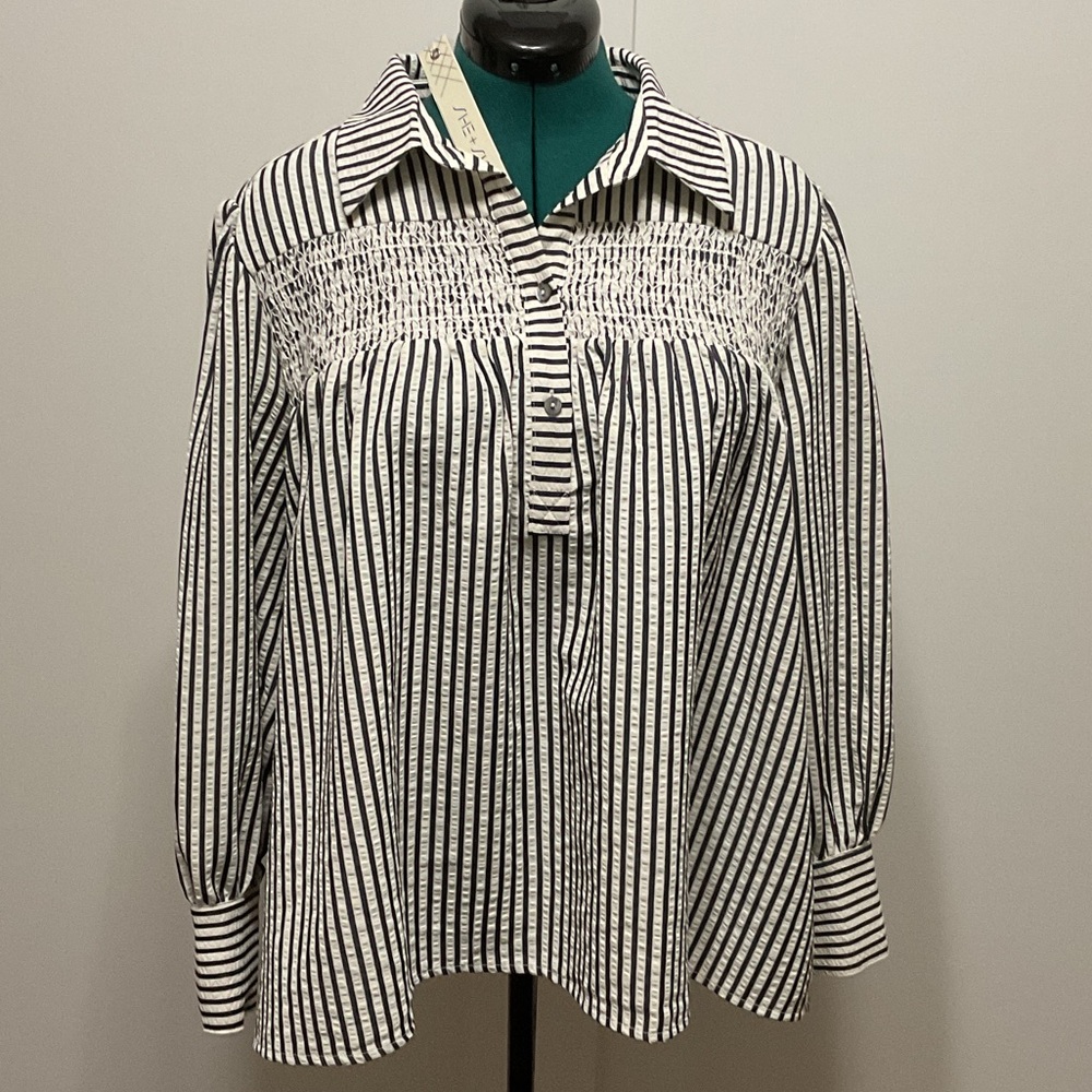 She+Sky Striped Smocked Yoke Long-Sleeve Top - Black & White L, NWT